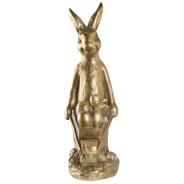 Goldene Osterhasen-Figur stehend mit Schubkarre voller Eier, Dekofigur für Frühling und Ostern.
