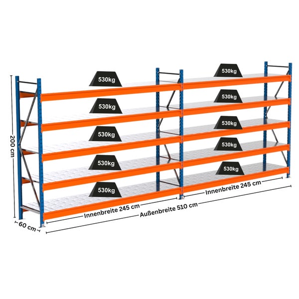 Metallregal mit fünf Ebenen und einer Traglast von 530 Kilogramm pro Ebene.