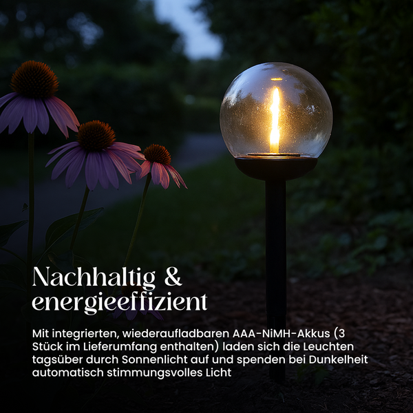 Gartenleuchte mit Kugelform und Erdspieß im Garten