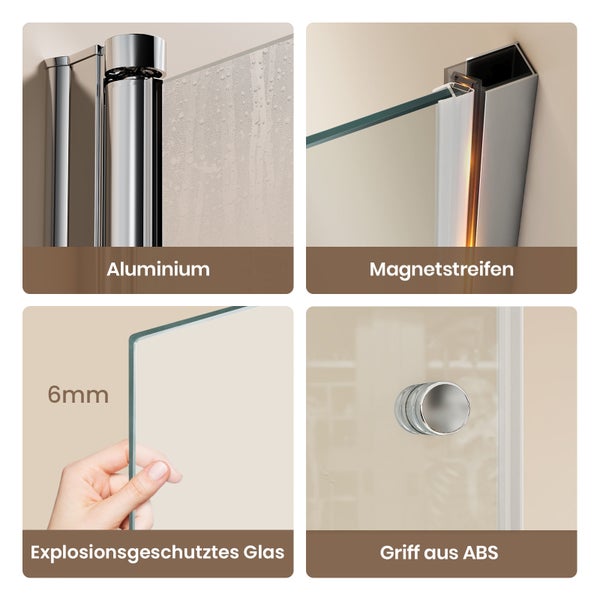 Detailansichten einer Duschtür mit Aluminiumprofil, Magnetstreifen, 6 Millimeter starkem Sicherheitsglas und einem Griff aus ABS.