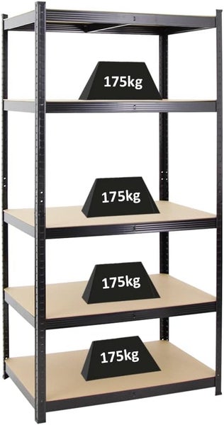 Schwerlastregal aus Metall mit 5 Holzböden, Tragkraft 175 Kilogramm pro Boden.