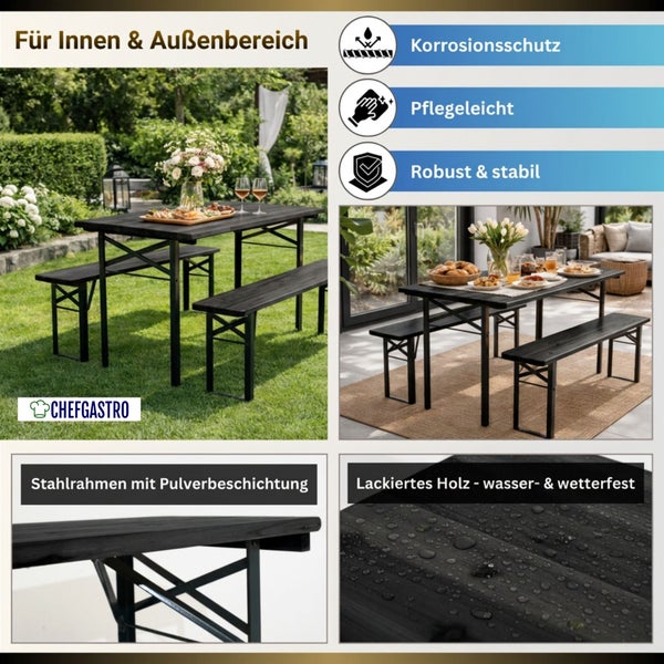 Bierbankgarnitur mit pulverbeschichtetem Stahlrahmen und lackiertem Holz für den Innen und Außenbereich inklusive Korrosionsschutz und Stabilität.