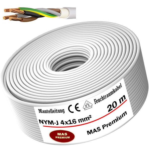Mantelleitung NYM-J 4 mal 16 Quadratmillimeter, 20 Meter Rolle, Feuchtraumkabel, MAS Premium Logo, CE- und VDE-Zertifizierung.