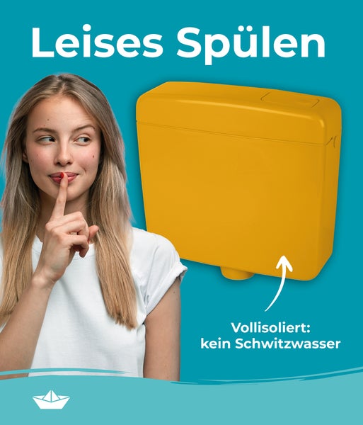 Eine Frau hält sich den Finger vor den Mund. Daneben ein vollisolierter Spülkasten gegen Schwitzwasser, der leises Spülen ermöglicht.