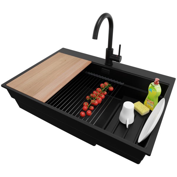 PRIMAGRAN Granitspüle Alles Schwarz 78x53cm, Spülbecken 1 Becken + Küchenarmatur 32x20cm + Ablauf-Set + Küchenzubehörset, Küchenspüle ab 80er Unterschrank - Oslo Max
