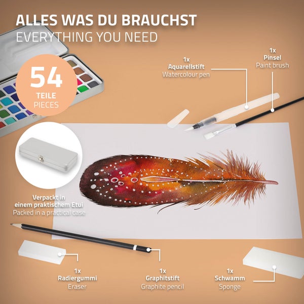 ECD Germany Aquarellfarben Set 48 Farben in tragbarer Box, inkl. Pinsel, Bleistift 2B, Aquarellstift, Radiergummi, Schwamm, Vollaquarell-Palette, Malkasten, Wasserfarben Set für Anfänger und Profis