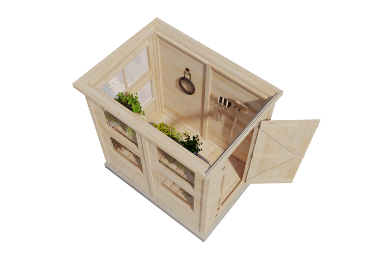 Offenes Gartenhaus aus hellem Holz mit integriertem Gewächshausbereich, Regalen für Pflanzen und Aufhängungen für Gartengeräte.