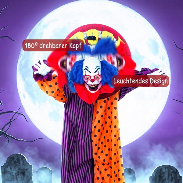 Animierte Halloween Gruselfigur Clown mit 180 Grad drehbarem Kopf und Leuchteffekten vor einem Vollmond Hintergrund.