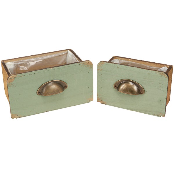 Zwei dekorative Pflanzkästen aus Holz mit Griff