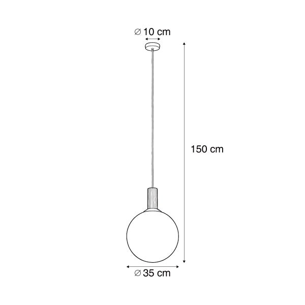Maßzeichnung einer Pendelleuchte mit einer Kugelleuchte von 35 Zentimeter Durchmesser und einer Gesamthöhe von 150 Zentimeter.