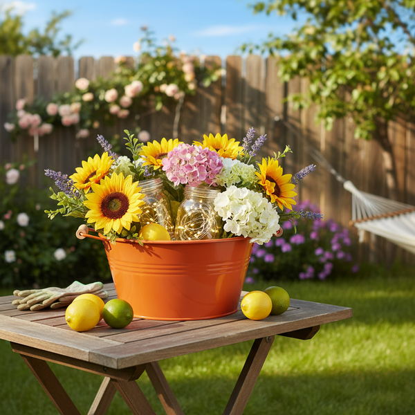 Dekorativer orangener Metallkübel mit Sonnenblumen, Hortensien und beleuchteten Gläsern auf einem Holztisch in einem hellen Garten mit Zaun.