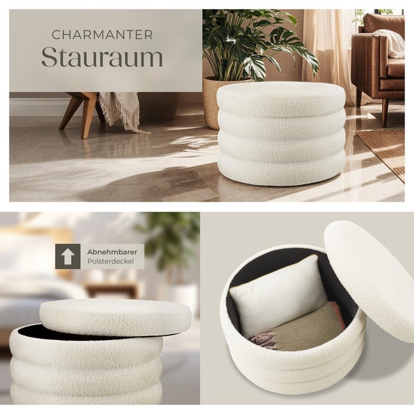 Sitzhocker mit Stauraum tectake Altu XL 67 x 42 cm rund Bouclé creme-weiß