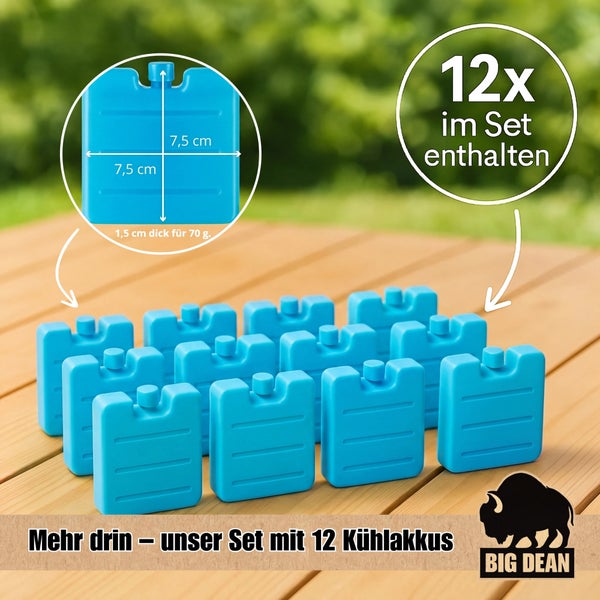 Set mit 12 blauen Kühlakkus, Maße 7,5 mal 7,5 mal 1,5 Zentimeter, Gewicht 70 Gramm, auf einem Holztisch, Big Dean Logo.