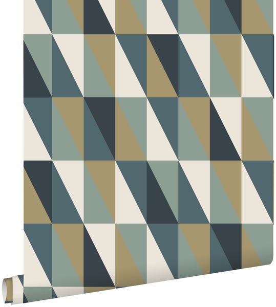 ESTAhome Tapete grafische Dreiecke Gold, Grün und Blau - 53 cm x 10.05 m - 139197