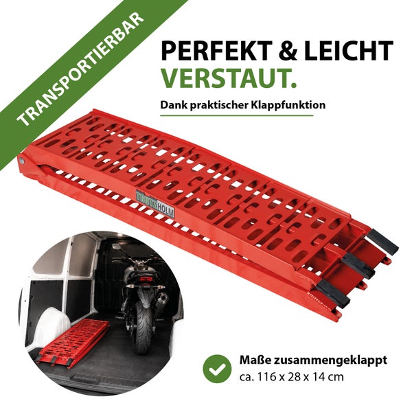 Klappbare Auffahrrampe von Trutzholm mit rutschfester Oberfläche für Motorradtransport, Maße zusammengeklappt circa 116 mal 28 mal 14 Zentimeter.
