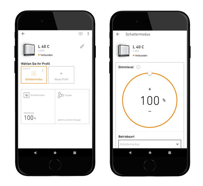 Zwei Smartphones zeigen die Steuerung einer L 40 C Leuchte per App.