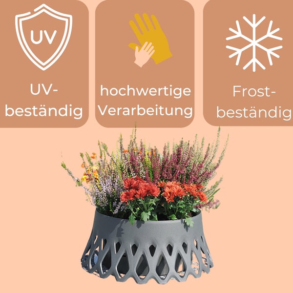 Blumenarrangement in grauem Pflanzgefäß mit Symbolen für UV-Beständigkeit, hochwertige Verarbeitung und Frostbeständigkeit