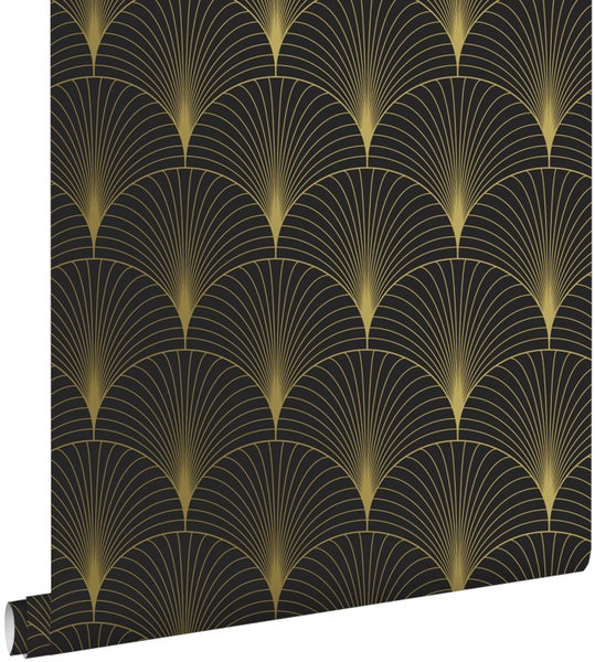 ESTAhome Tapete Art Decó Muster Schwarz und Gold - 0,53 x 10,05 m - 139457