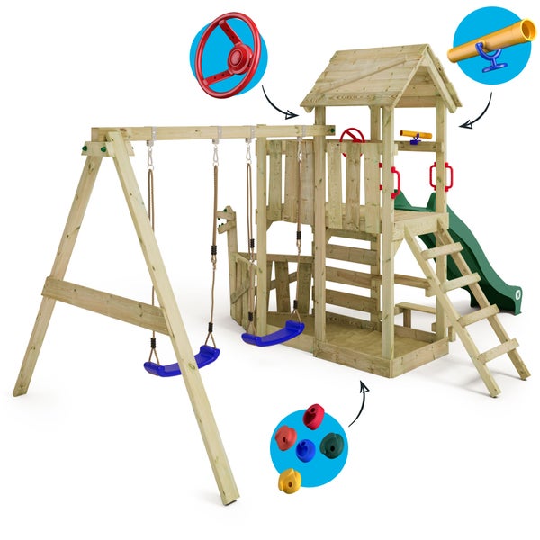 WICKEY Spielturm Klettergerüst GalleyFlyer mit Schaukel und Rutsche, Kletterturm mit Sandkasten, Kletterleiter und Spiel-Zubehör – grün