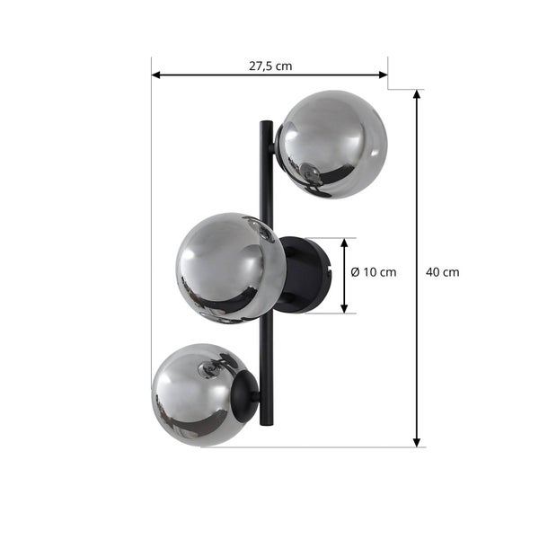 Wandleuchte mit drei Glaskugeln und Maßangaben