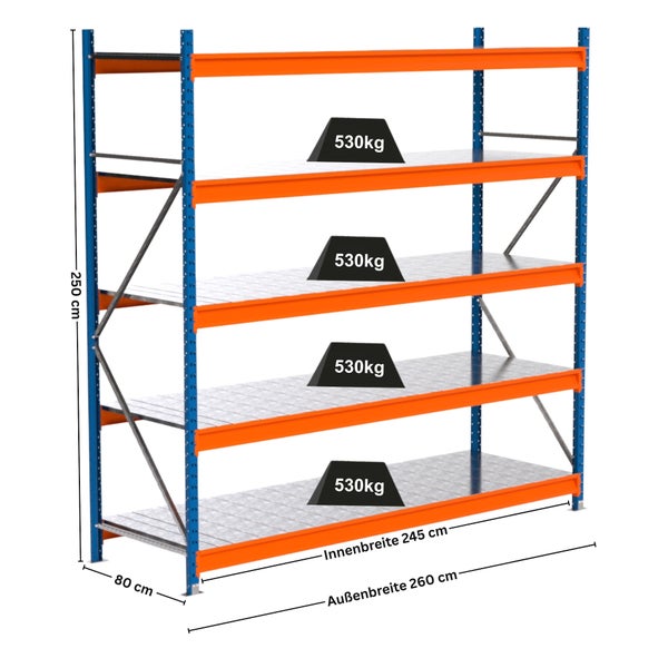Schwerlastregal mit vier Regalböden und Maßangaben