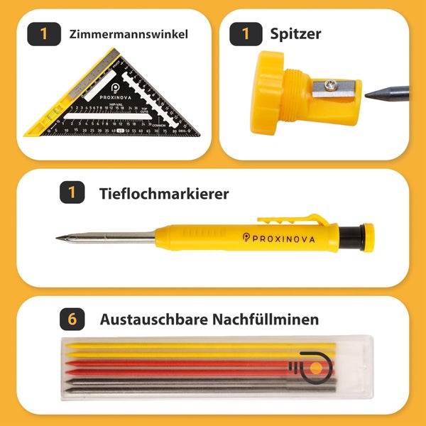 Proxinova Zimmermannswinkel Set - Aluminiumlegierter Zimmermannswinkel Groß 180mm mit Wasserwaage und Zimmermannsstift - Messlehre, Winkelmesser, Anschlagwinkel - Speed Square, Zimmererwinkel