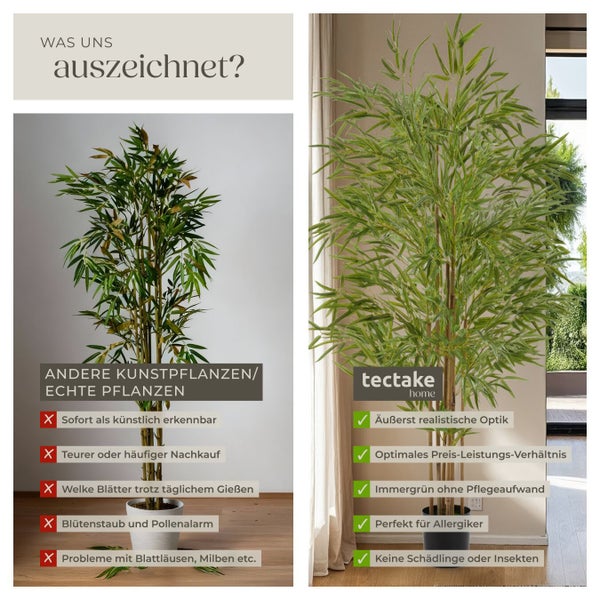 Vergleich von künstlichen und echten Pflanzen mit Tectake Kunstpflanzen, die realistisch, pflegeleicht und allergikerfreundlich sind.