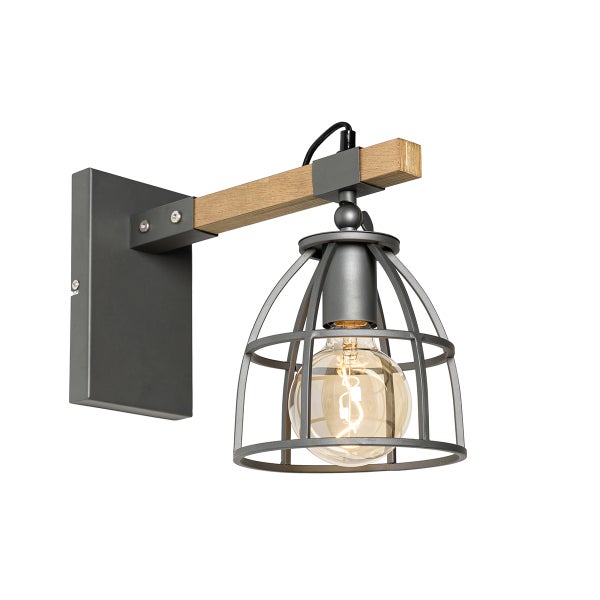 Wandleuchte im Industrial Stil aus Holz und Metall mit Käfigschirm und Filament Leuchtmittel