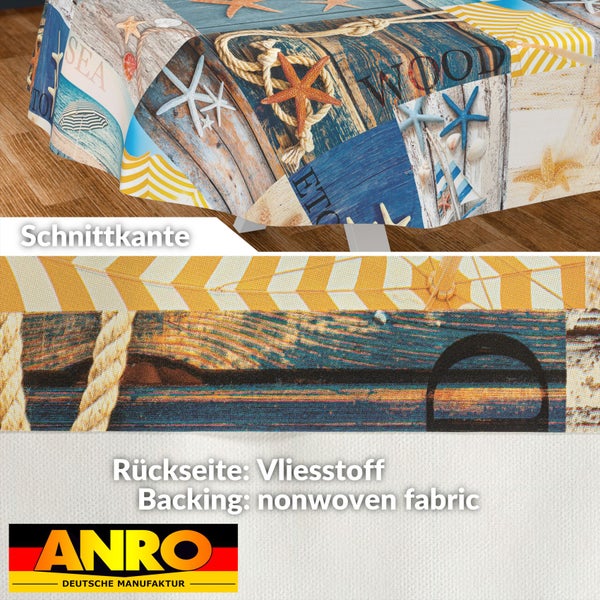 Maritime Tischdecke mit Seesternen, Seilen und Holzmotiven, Vliesrückseite und Schnittkante. Anro Logo.
