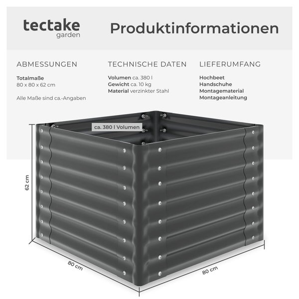 Produktinformationen zum Hochbeet von tectake Garden mit Maßen, technischen Daten und Lieferumfang
