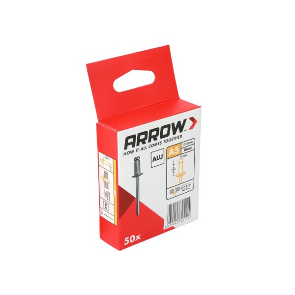 Arrow Blindnieten A5 aus Aluminium, Durchmesser 5 Millimeter, Länge 8 Millimeter, Packung mit 50 Stück.