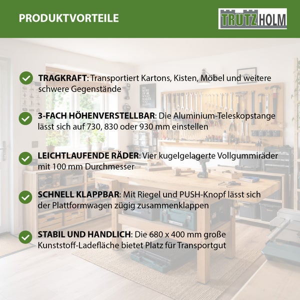 Produktvorteile des klappbaren Trutzholm Plattformwagens für den Transport von schweren Gegenständen in einer Werkstatt.