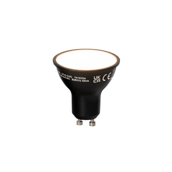 Schwarzes LED Leuchtmittel mit GU10 Sockel, 7 Watt Leistung und 600 Lumen Lichtstrom, leuchtend, mit CE und UKCA Kennzeichnung.