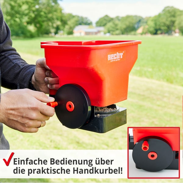 Handstreuer für den Garten mit Handkurbel und Hecht Logo