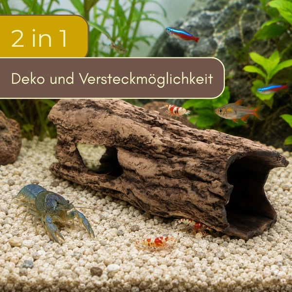 Aquarium-Dekoration Baumstamm mit Doppelfunktion als Zierde und Versteckmöglichkeit für Krebse und Garnelen im Aquarium.