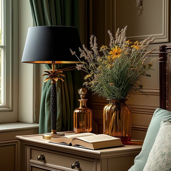 Nachttisch mit Lampe, Buch und Blumen in Vase