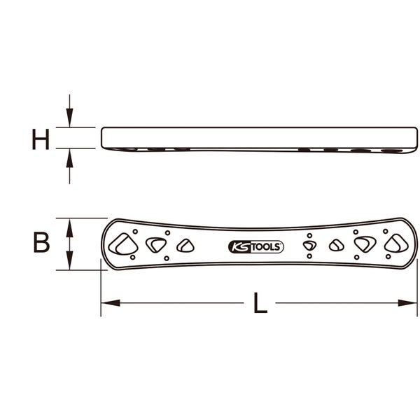Technische Zeichnung eines Universalwerkzeugs mit Maßangaben und KS Tools Logo