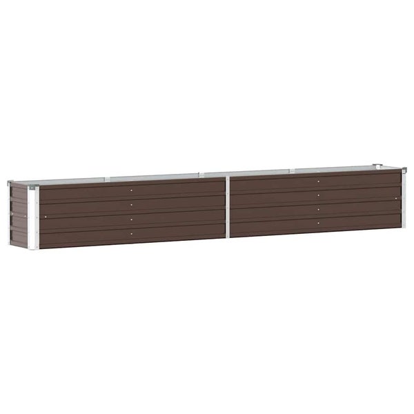 Langes rechteckiges Hochbeet aus Metall mit horizontalen Paneelen und silberfarbenen Eckverstärkungen.