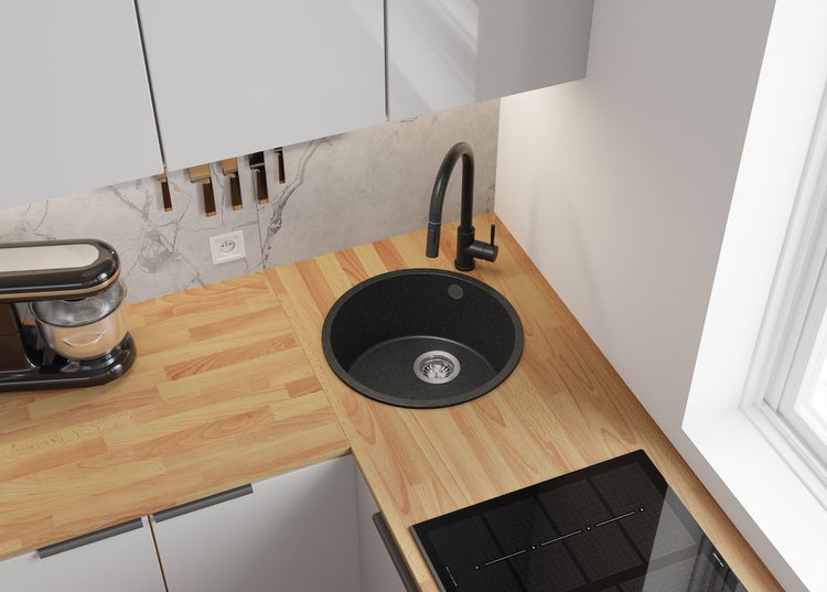 PRIMAGRAN Spülbecken Rund Anthrazit 46x46cm, Granitspüle 1 Becken + Ablauf-Set, Küchenspüle ab 50er Unterschrank - Valletta Slim