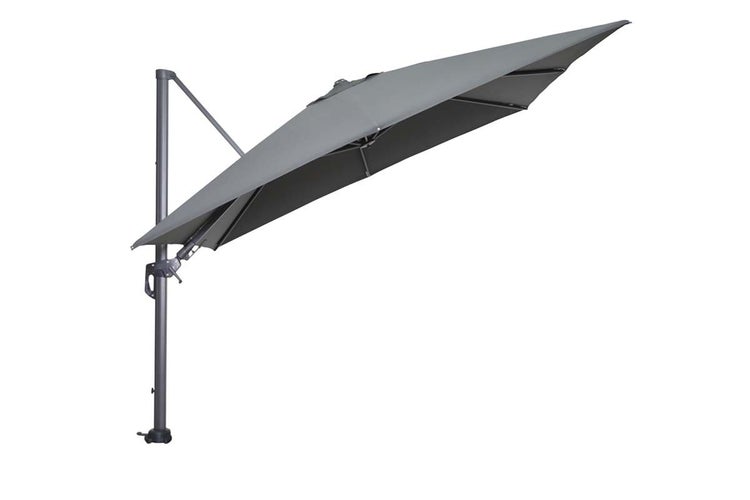 Grauer Ampelschirm mit Aluminiumgestell und schwenkbarem Sonnendach für den Garten.