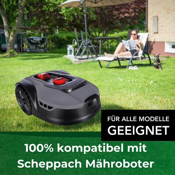 Scheppach Mähroboter auf Rasenfläche im Garten
