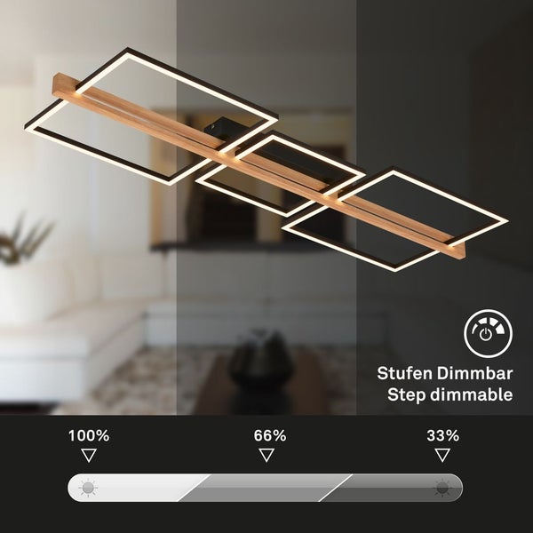 Briloner Moldura LED Deckenlampe, Stufen dimmbar, Holzdekor, Speicherfunktion, Warmweißes Licht, Schwarz-Holz, 108 x 35 x 8 cm