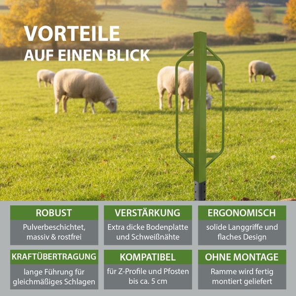 Pfostenramme für Z-Profile auf einer Schafweide mit Infografik zu Vorteilen wie Robustheit, Ergonomie und einfacher Anwendung.