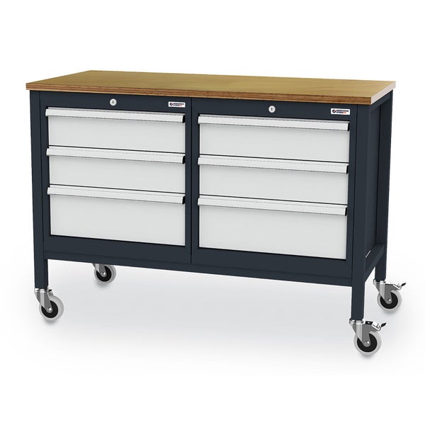 Mobile Werkbank aus Metall mit massiver Holzplatte, sechs Schubladen und vier Lenkrollen.