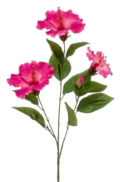 Detailaufnahme einer künstlichen Hibiskus-Pflanze mit grünen Blättern und pinkfarbenen Blüten.
