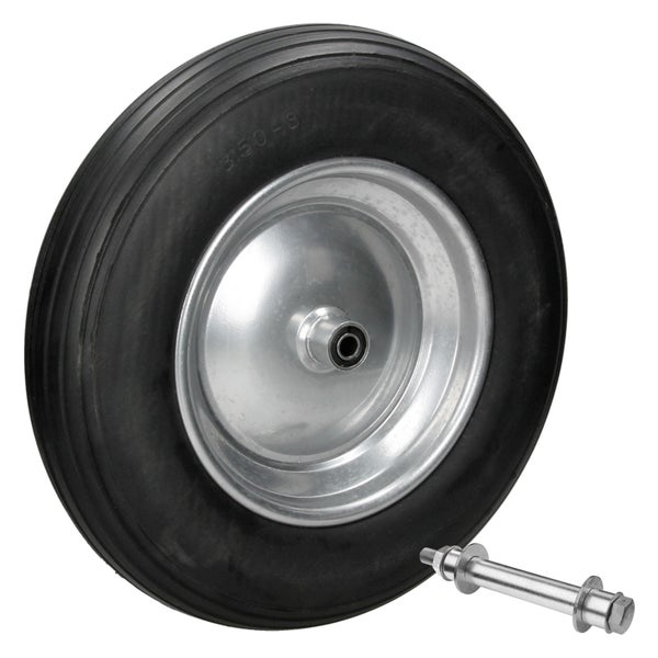 ECD Germany Schubkarrenrad aus pannensicherem PU Vollgummi, Ersatzrad Gummirad mit Achse, 3.50-8, Durchmesser Ø350 x 80 mm, Schwarz, 150kg, Reifen mit Stahlfelge, PU-Rad für Schubkarre Gartenkarren