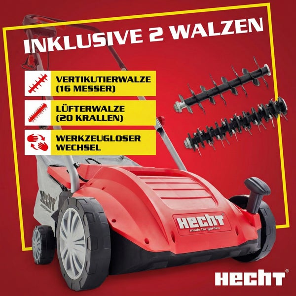 Hecht Vertikutierer mit zwei Walzen: Vertikutierwalze mit 16 Messern und Lüfterwalze mit 20 Krallen
