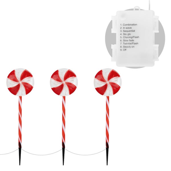 ECD Germany 3er Set LED Lollipop-Weihnachtsweg Aussen, 60 LED 3m, 8 Modi, Batteriebetrieben, Timer, Weihnachten Lutscher Lichterkette, Weihnachtsbeleuchtung Gartenleuchte Zuckerstangen Gartenstecker