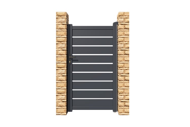 Gartentor mit horizontalen Streben zwischen zwei Steinmauern