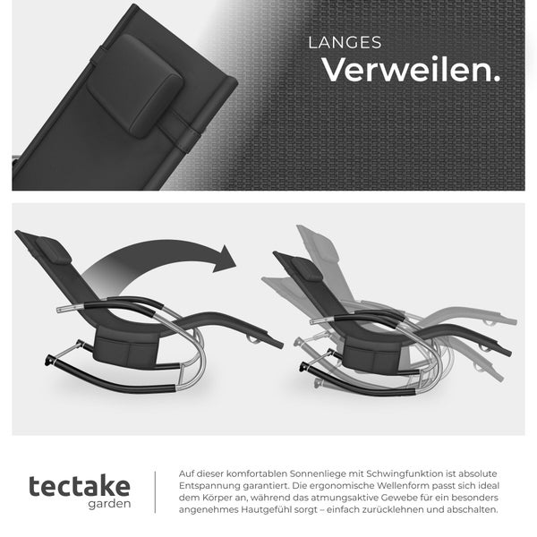 Ergonomische Gartenliege in Wellenform mit Schwingfunktion, atmungsaktives Gewebe und Kopfpolster, tectake garden Logo.